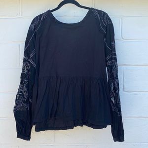 Free people | Black cotton peplum long sleeve top with lace detail | size M